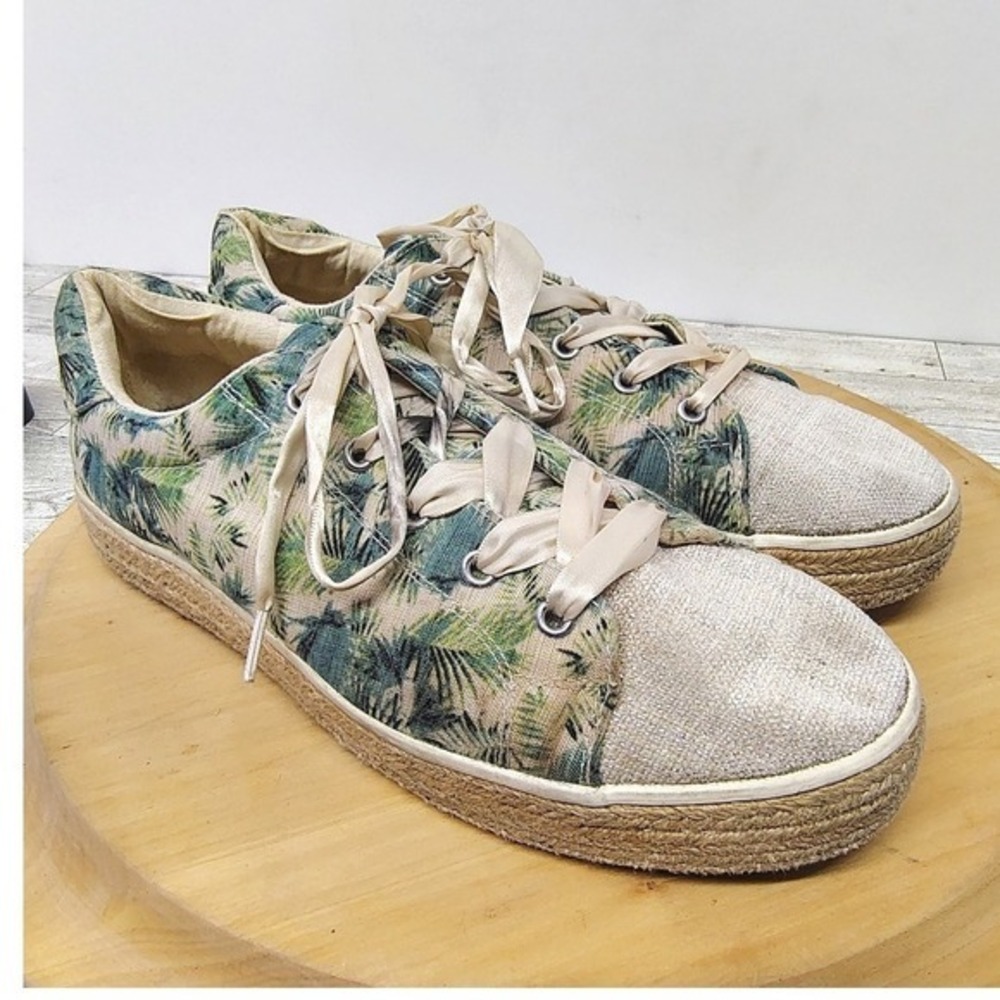 Tropicalβ Espadrille Sneakers Palm Print Glitter Toe Ribbon Lace Womens 11 Green
